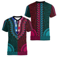 African Dashiki Women V Neck T Shirt With Tapa Pattern - Half Teal and Pink LT9 - Polynesian Pride