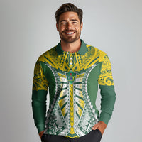 Cook Islands 1965 National Pride Long Sleeve Polo Shirt Green Yellow Tribal Pattern LT9 - Polynesian Pride