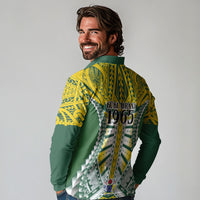 Cook Islands 1965 National Pride Long Sleeve Polo Shirt Green Yellow Tribal Pattern LT9 - Polynesian Pride