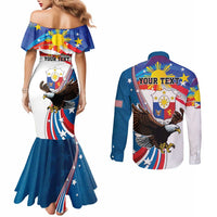 Personalized Filipino-American Couples Matching Mermaid Dress and Long Sleeve Button Shirt The Eight-Rayed Sun with Bald Eagle LT9 - Polynesian Pride