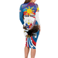 Personalized Filipino-American Long Sleeve Bodycon Dress The Eight-Rayed Sun with Bald Eagle