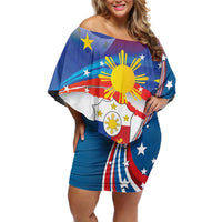 Personalized Filipino-American Off Shoulder Short Dress The Eight-Rayed Sun with Bald Eagle LT9 Women Blue - Polynesian Pride