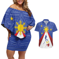 Personalized Pilipinas Eight-Rayed Sun Couples Matching Off Shoulder Short Dress and Hawaiian Shirt Philippines Map With Polynesian Style