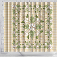Squares Maile Leaf Shower Curtain Beige Palaka Hawaiian Quilt Pattern - Polynesian Pride