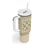 Squares Maile Leaf Tumbler With Handle Beige Palaka Hawaiian Quilt Pattern - Polynesian Pride