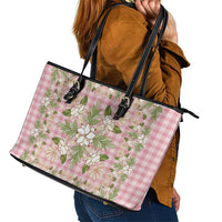 Squares Maile Leaf Leather Tote Bag Pink Palaka Hawaiian Quilt Pattern - Polynesian Pride
