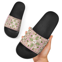 Squares Maile Leaf Slide Sandals Pink Palaka Hawaiian Quilt Pattern - Polynesian Pride