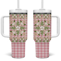 Squares Maile Leaf Tumbler With Handle Pink Palaka Hawaiian Quilt Pattern - Polynesian Pride