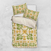 Squares Puakenikeni and Kalo Bedding Set Beige Palaka Hawaiian Quilt Pattern - Polynesian Pride