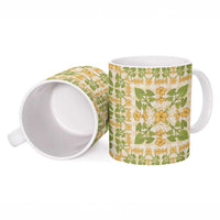 Squares Puakenikeni and Kalo Ceramic Mug Beige Palaka Hawaiian Quilt Pattern LT9 - Polynesian Pride