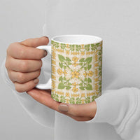 Squares Puakenikeni and Kalo Ceramic Mug Beige Palaka Hawaiian Quilt Pattern LT9 - Polynesian Pride