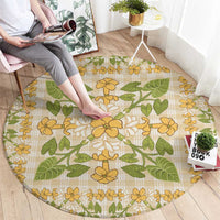 Squares Puakenikeni and Kalo Round Carpet Beige Palaka Hawaiian Quilt Pattern - Polynesian Pride