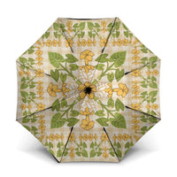 Squares Puakenikeni and Kalo Umbrella Beige Palaka Hawaiian Quilt Pattern LT9 One Size Folded 11.42 inch Opened Diameter 37.4 inch Beige - Polynesian Pride