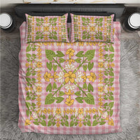 Squares Puakenikeni and Kalo Bedding Set Pink Palaka Hawaiian Quilt Pattern - Polynesian Pride