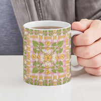 Squares Puakenikeni and Kalo Ceramic Mug Pink Palaka Hawaiian Quilt Pattern - Polynesian Pride