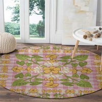 Squares Puakenikeni and Kalo Round Carpet Pink Palaka Hawaiian Quilt Pattern - Polynesian Pride
