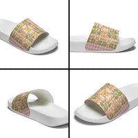 Squares Puakenikeni and Kalo Slide Sandals Pink Palaka Hawaiian Quilt Pattern - Polynesian Pride