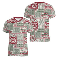 Mele Kalikimaka Hawaii Christmas Women V-Neck T-Shirt Aloha Spirit with Hawaiian Quilt Pattern - Polynesian Pride