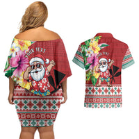 Santa Surf Mele Kalikimaka Personalized Couples Matching Off Shoulder Short Dress and Hawaiian Shirt Aloha Tropical Christmas Vibes - Polynesian Pride
