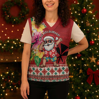Santa Surf Mele Kalikimaka Personalized Christmas Knitted V-Neck Vest Aloha Tropical Christmas Vibes - Polynesian Pride