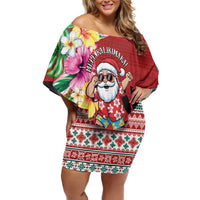 Santa Surf Mele Kalikimaka Personalized Off Shoulder Short Dress Aloha Tropical Christmas Vibes - Polynesian Pride