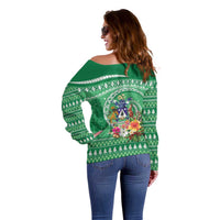 Norfolk Island Pine Tree Christmas Off Shoulder Sweater Coat of Arm and Polynesian Pattern