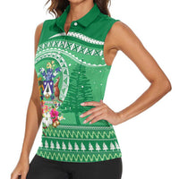 Norfolk Island Pine Tree Christmas Women Sleeveless Polo Shirt Coat of Arm and Polynesian Pattern