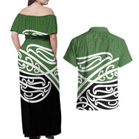 Green Fern New Zealand Kowhai Ngutukak Couples Matching Off Shoulder Maxi Dress and Hawaiian Shirt - Polynesian Pride