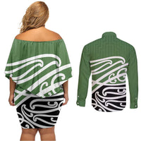 Green Fern New Zealand Kowhai Ngutukak Couples Matching Off Shoulder Short Dress and Long Sleeve Button Shirt - Polynesian Pride