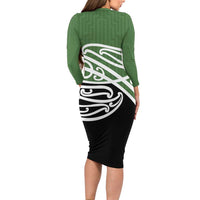 Green Fern New Zealand Kowhai Ngutukak Family Matching Long Sleeve Bodycon Dress and Hawaiian Shirt - Polynesian Pride