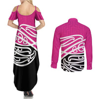 All Pink New Zealand Kowhai Ngutukak Couples Matching Summer Maxi Dress and Long Sleeve Button Shirt - Polynesian Pride