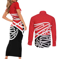 All Red New Zealand Kowhai Ngutukak Couples Matching Short Sleeve Bodycon Dress and Long Sleeve Button Shirt - Polynesian Pride