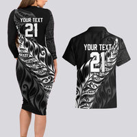 New Zealand Lawn Bowls Custom Couples Matching Long Sleeve Bodycon Dress and Hawaiian Shirt Black Maori Warrior Tribal Silver Fern - Polynesian Pride