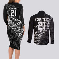 New Zealand Lawn Bowls Custom Couples Matching Long Sleeve Bodycon Dress and Long Sleeve Button Shirt Black Maori Warrior Tribal Silver Fern - Polynesian Pride