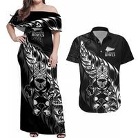 New Zealand Lawn Bowls Custom Couples Matching Off Shoulder Maxi Dress and Hawaiian Shirt Black Maori Warrior Tribal Silver Fern - Polynesian Pride