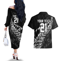 New Zealand Lawn Bowls Custom Couples Matching Off The Shoulder Long Sleeve Dress and Hawaiian Shirt Black Maori Warrior Tribal Silver Fern - Polynesian Pride