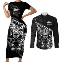 New Zealand Lawn Bowls Custom Couples Matching Short Sleeve Bodycon Dress and Long Sleeve Button Shirt Black Maori Warrior Tribal Silver Fern - Polynesian Pride