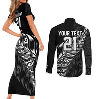 New Zealand Lawn Bowls Custom Couples Matching Short Sleeve Bodycon Dress and Long Sleeve Button Shirt Black Maori Warrior Tribal Silver Fern - Polynesian Pride