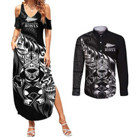New Zealand Lawn Bowls Custom Couples Matching Summer Maxi Dress and Long Sleeve Button Shirt Black Maori Warrior Tribal Silver Fern - Polynesian Pride