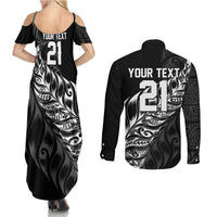 New Zealand Lawn Bowls Custom Couples Matching Summer Maxi Dress and Long Sleeve Button Shirt Black Maori Warrior Tribal Silver Fern - Polynesian Pride