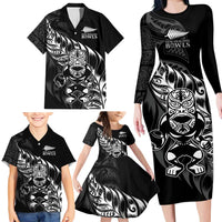 New Zealand Lawn Bowls Custom Family Matching Long Sleeve Bodycon Dress and Hawaiian Shirt Black Maori Warrior Tribal Silver Fern - Polynesian Pride