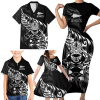 New Zealand Lawn Bowls Custom Family Matching Short Sleeve Bodycon Dress and Hawaiian Shirt Black Maori Warrior Tribal Silver Fern - Polynesian Pride