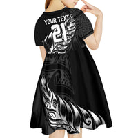 New Zealand Lawn Bowls Custom Kid Short Sleeve Dress Black Maori Warrior Tribal Silver Fern - Polynesian Pride