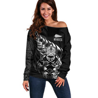 New Zealand Lawn Bowls Custom Off Shoulder Sweater Black Maori Warrior Tribal Silver Fern - Polynesian Pride
