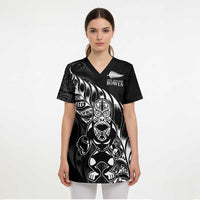 New Zealand Lawn Bowls Custom Scrub Top Black Maori Warrior Tribal Silver Fern - Polynesian Pride