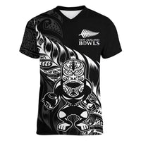 New Zealand Lawn Bowls Custom Women V-Neck T-Shirt Black Maori Warrior Tribal Silver Fern - Polynesian Pride