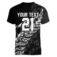 New Zealand Lawn Bowls Custom Women V-Neck T-Shirt Black Maori Warrior Tribal Silver Fern - Polynesian Pride