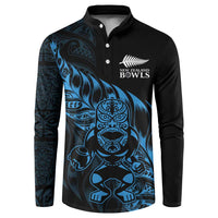 New Zealand Lawn Bowls Custom Button Sweatshirt Blue Maori Warrior Tribal Silver Fern - Polynesian Pride