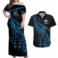 New Zealand Lawn Bowls Custom Couples Matching Off Shoulder Maxi Dress and Hawaiian Shirt Blue Maori Warrior Tribal Silver Fern - Polynesian Pride