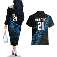 New Zealand Lawn Bowls Custom Couples Matching Off The Shoulder Long Sleeve Dress and Hawaiian Shirt Blue Maori Warrior Tribal Silver Fern - Polynesian Pride